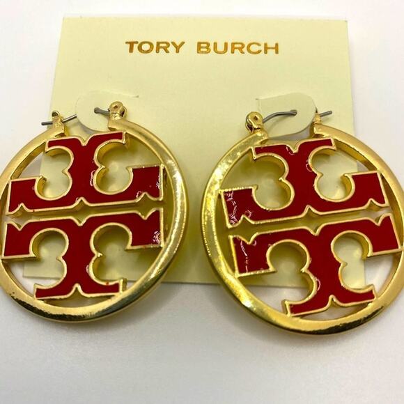 NWOT Tory Burch Gold, Double T Red Enamel Hoop Earrings - Picture 3 of 6